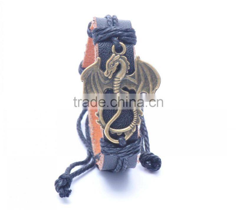 Genuine Leather Bracelet Adjustable with Antique Brass Dragon Accessory.