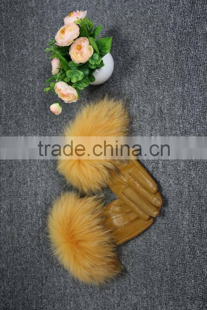 women classic elegant raccoom fur cuff trim sheep leather gloves