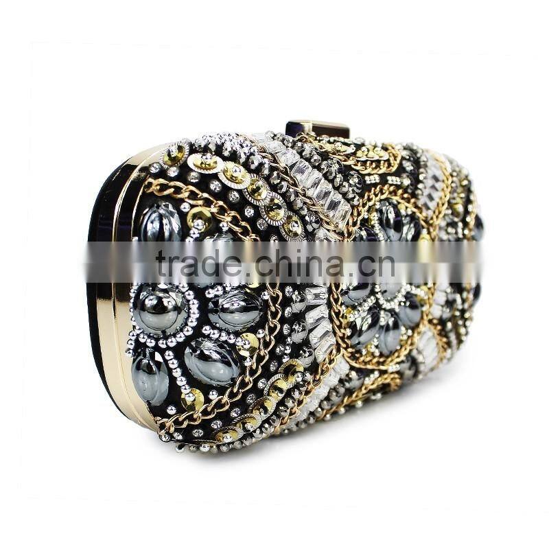 fashion classic design embroidery flowers party black diamond clutch evening bag shoulder bag handbag ladies purse(C024)