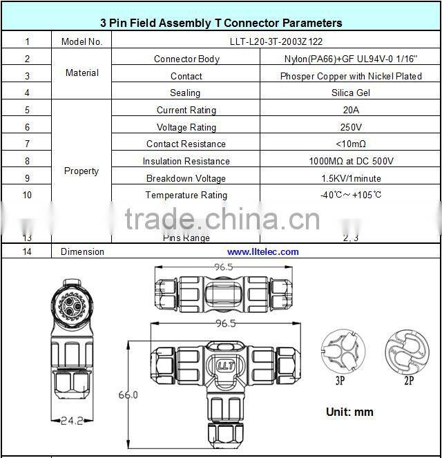 3 out IP67 wire distribution connector screw terminal Tee Connector