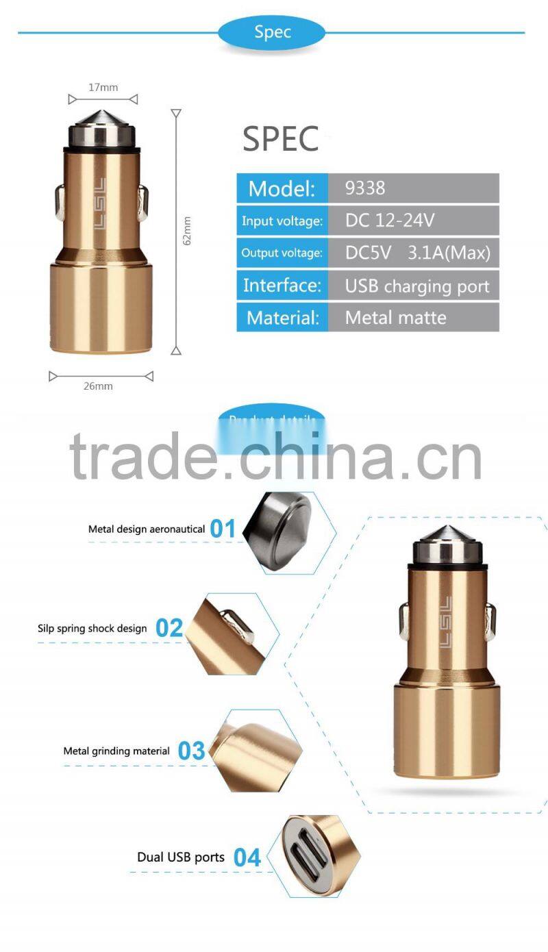 Multi-function Dual Car Charger,Metal Matte USB Port Fast Electronic Charger