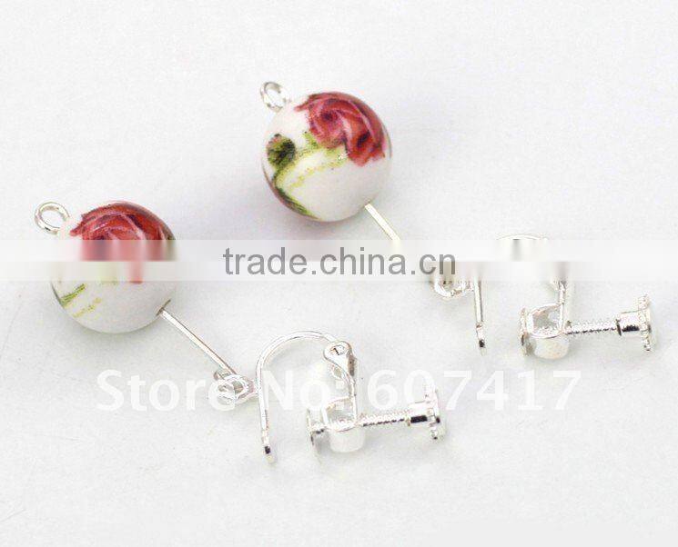 blue flower printed Qinghua porcelain ball shaped drop earings with clips