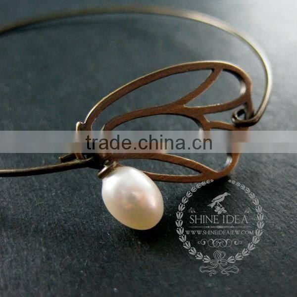 65mm diameter one end open antiqued bronze butterfly wing fresh water pearl charm wiring fashion bangle bracelet 6450048