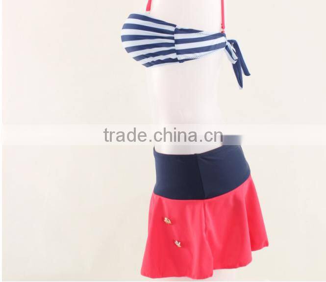 New Fashion Sexy Retro High Waist Stripes Bra Skirt Bikini Swimsuit Swimwear For Women Lady