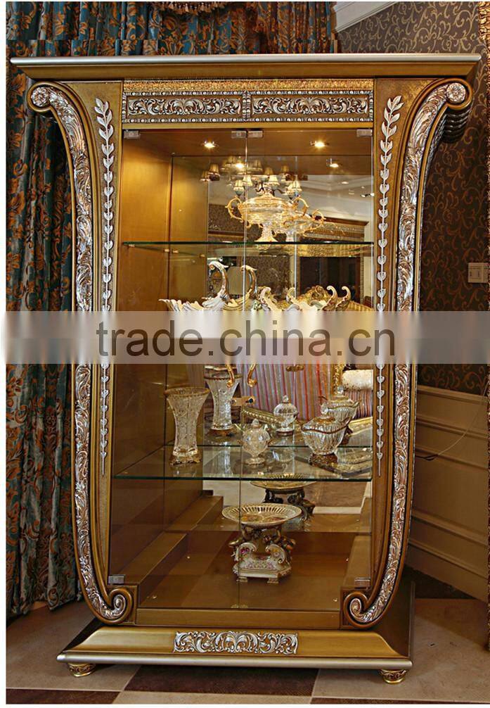 Luxury French Baroque Style Golden Four Door Glass Display Cabinet/ Gorgeous Home Decorative Cupboard Showcase/ Glass Vitrine