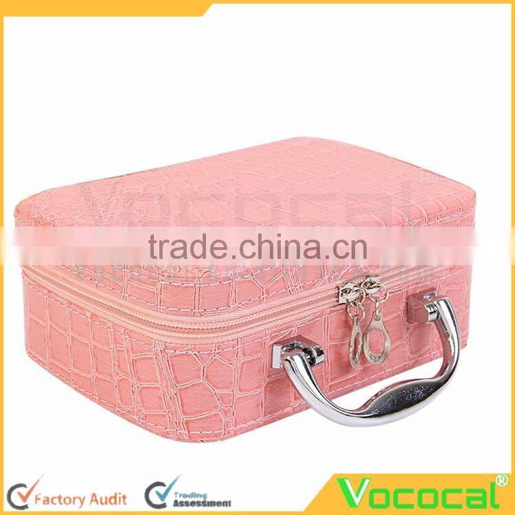 PU Leather Cosmetic Makeup Box Case Toiletry Organizer Storage Handbag With Mirror Crocodile Pattern Pink