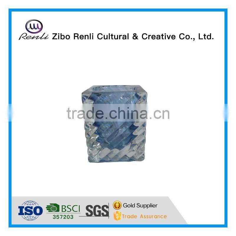 Blue Ribbed Square Cube Recycled Unique Glass Candle Jars