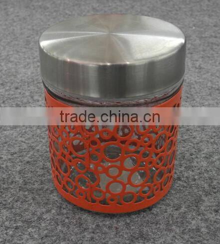 high quality red glass storage jar with hollow out of skin