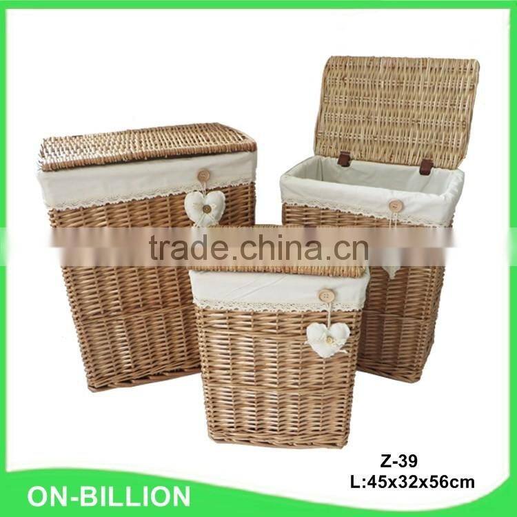 Vintage wicker woven cane cloth laundry basket with lid