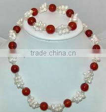 wholesale 2 rows 18" 5-6mm white rice pearls & 12mm red agate necklace & bracelet