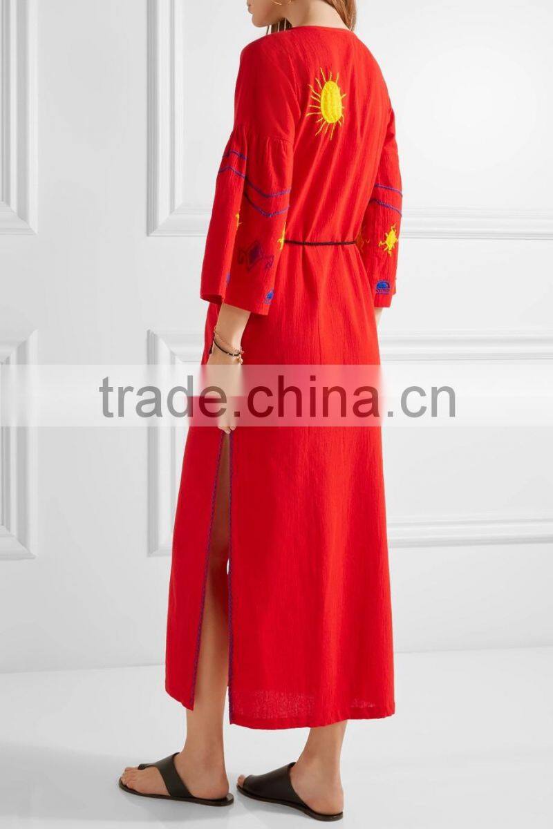 Boho Red Embroidered Cotton Long Balloon Sleeve Maxi Dress Hand Mexican Embroidered Dress long dress chiffon new style HSD5844