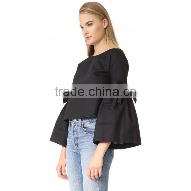 HAODUOYI Soild Black OL Women Blouse Round Neck Long Trumpet Bowknot Sleeve Silt Botton Hollow Out Back Lady Tops for Wholesale