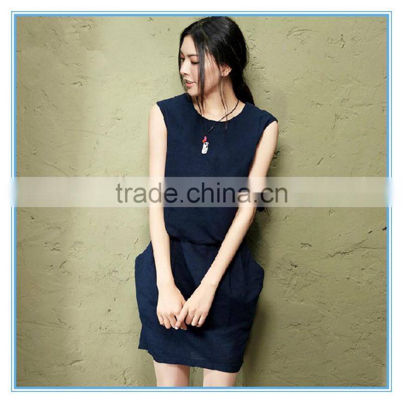 2016 Elegant Slim Casual Dress Solid Color Cotton Linen Vest Dress For Women