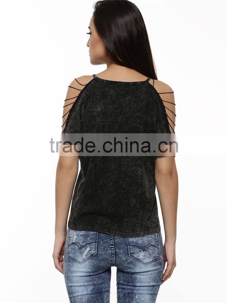 2015 new stylish girls personalized chain string sleeve t shirt, short sleeve black t shirt