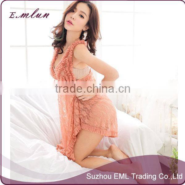 Ladies sexy lace flower transparent intimate sleepwear robe night gown