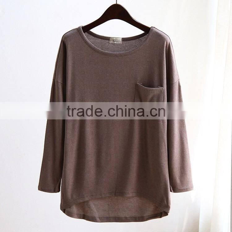 wholesale long sleeve casual women t-shirt with pocket