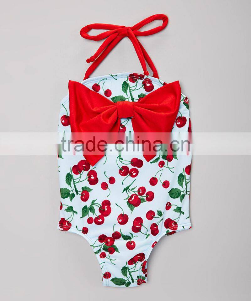 New Summer Girl Beachwear With Blue And Red Cherry Bow One-Piece Girl Swimsuit Child Wear G-NP-S905-333