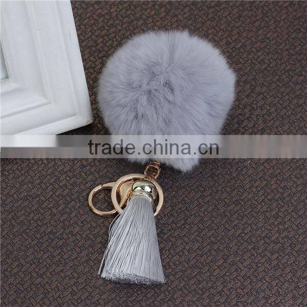Custom Gold Plated Gray Angora Pom Pom Ball Rayon Tassel Keychain