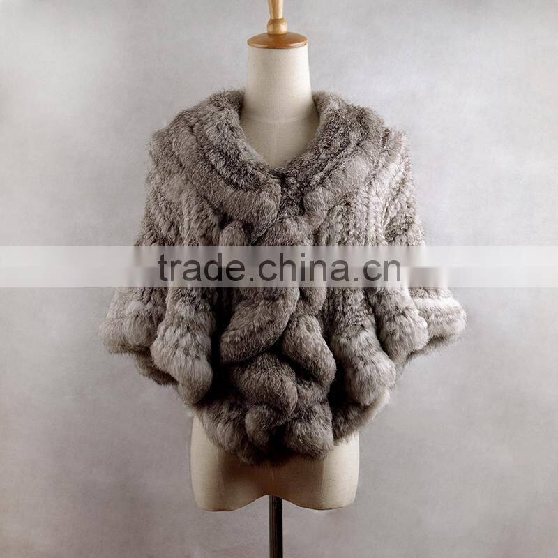 YR433 Women stretch real rabbit fur cape Thick Knit Top Quality Fur Shawl