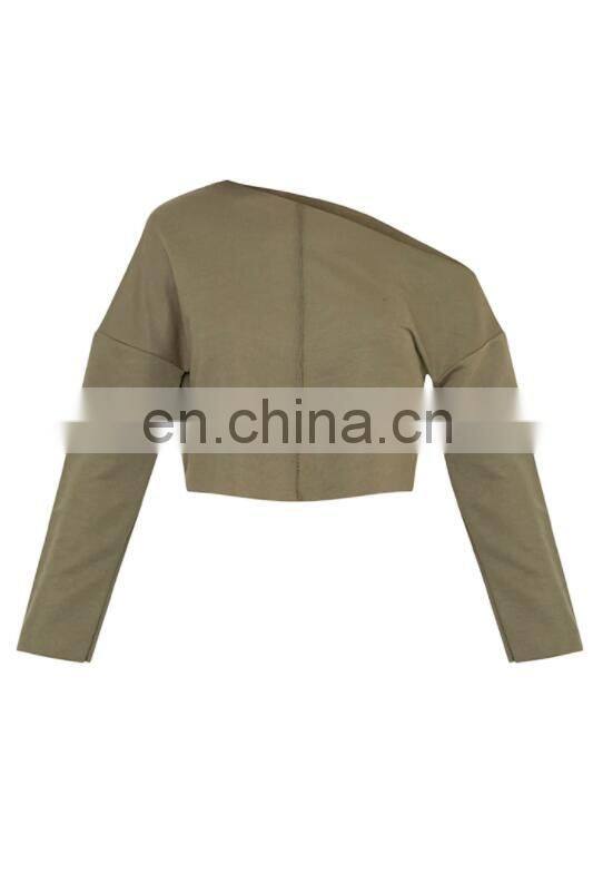 Custom High Quality Women 100% Polyester Khaki Off Shoulder Cropped Sweatshirts