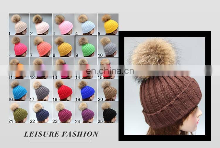 Wholesale latest UK style acrylic crochet hat with raccoon fur poms knit hat