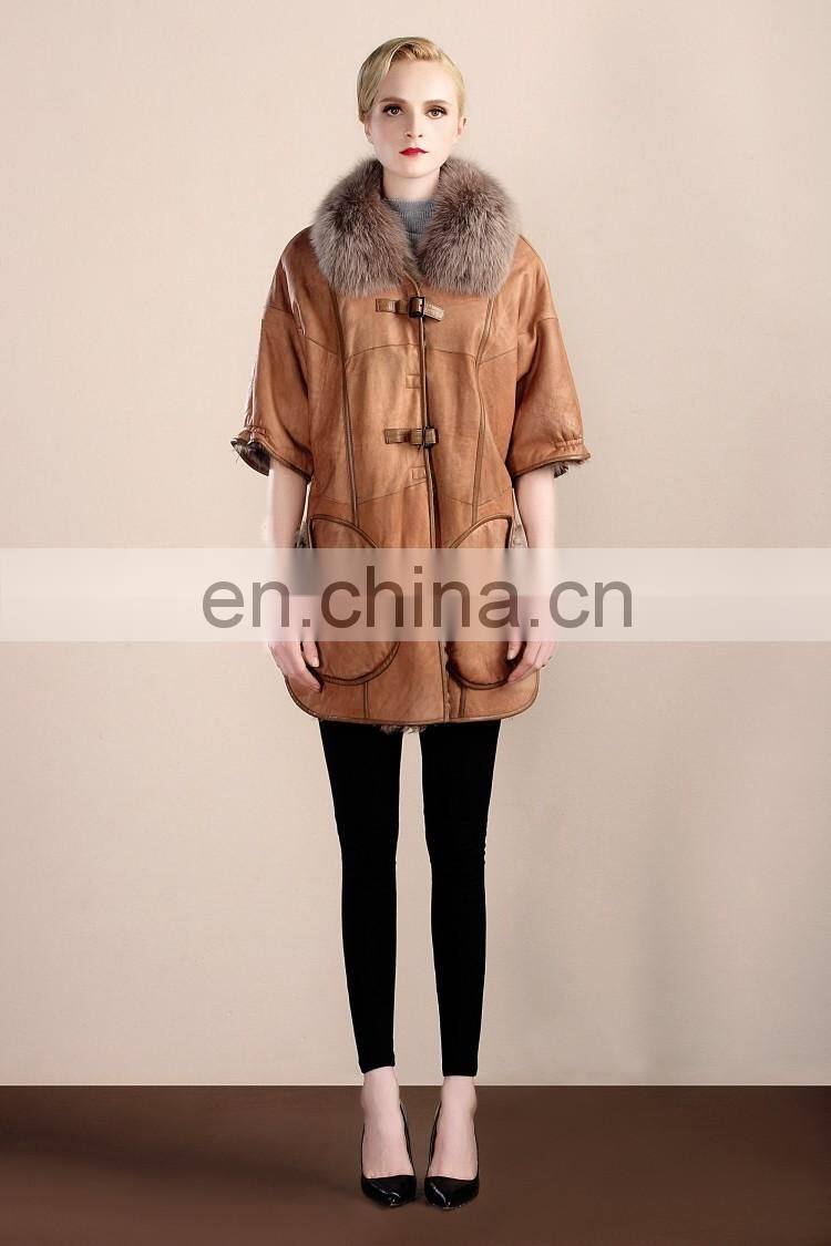 Fashion Design Fox Fur Collar Sheep Fur And Skin Jacket Short Sleeves Fur Coat Trend Winter Fur Dress