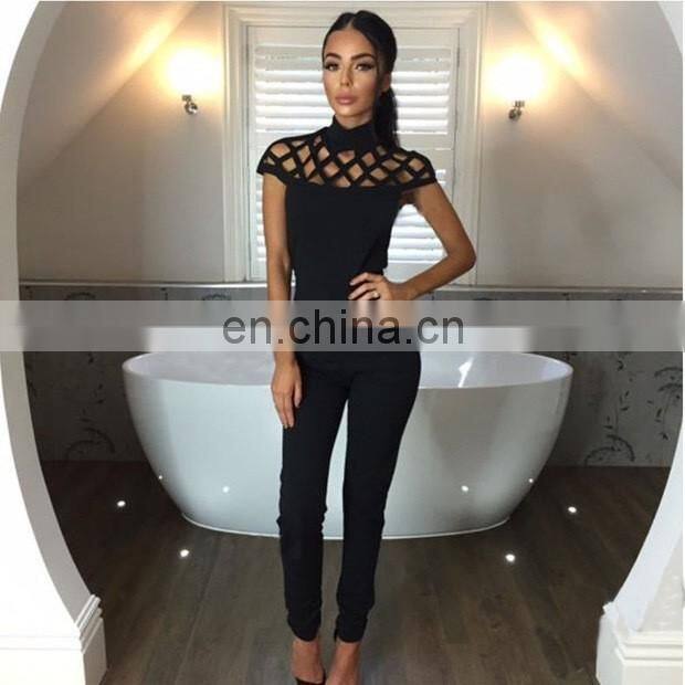 amigo 2017 new design black cap sleeve cut out sexy long bodycon bandage jumpsuit for women party wear