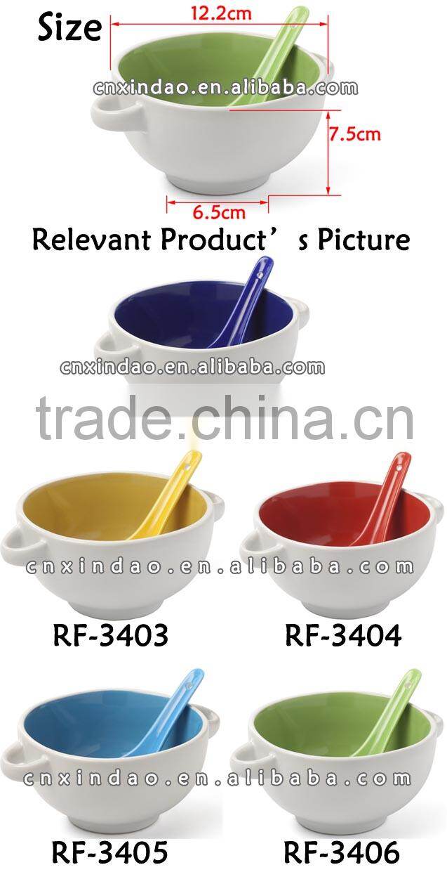 Colored Professional Popular Two Ears Porcelain Soup Mug wtih Spoon for Promotion