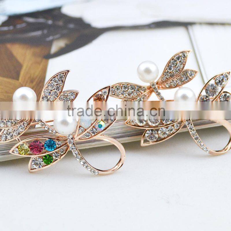 2015 Fashion jewelry dragonfly design pearl brooch multicolor crystal brooch