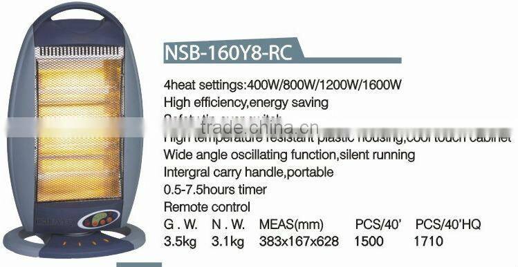 4heat settings 1600W wide angle oscillation function safety tip over swtich electric halogen heater for homes