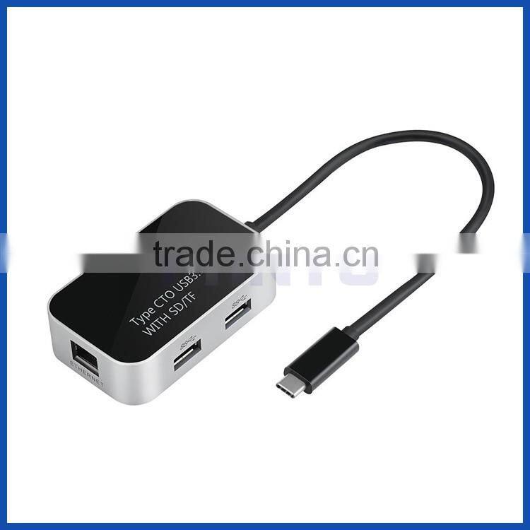 Multifunction 5-in-1 USB type C female to 2 ports USB 3.0 hub with TF/SD card reader + RJ45 10/100/1000Mbps Gigabit lan adapter
