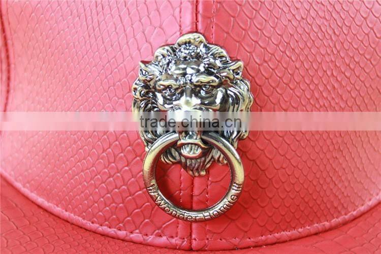 Cool Punk Rock Lion Head Decorated Flat Brim Snake PU Leather Hiphop Cap
