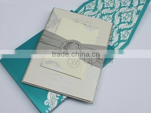 Gold Silk Wedding Invitation with rhinestone brooch and ribbon ON SALE