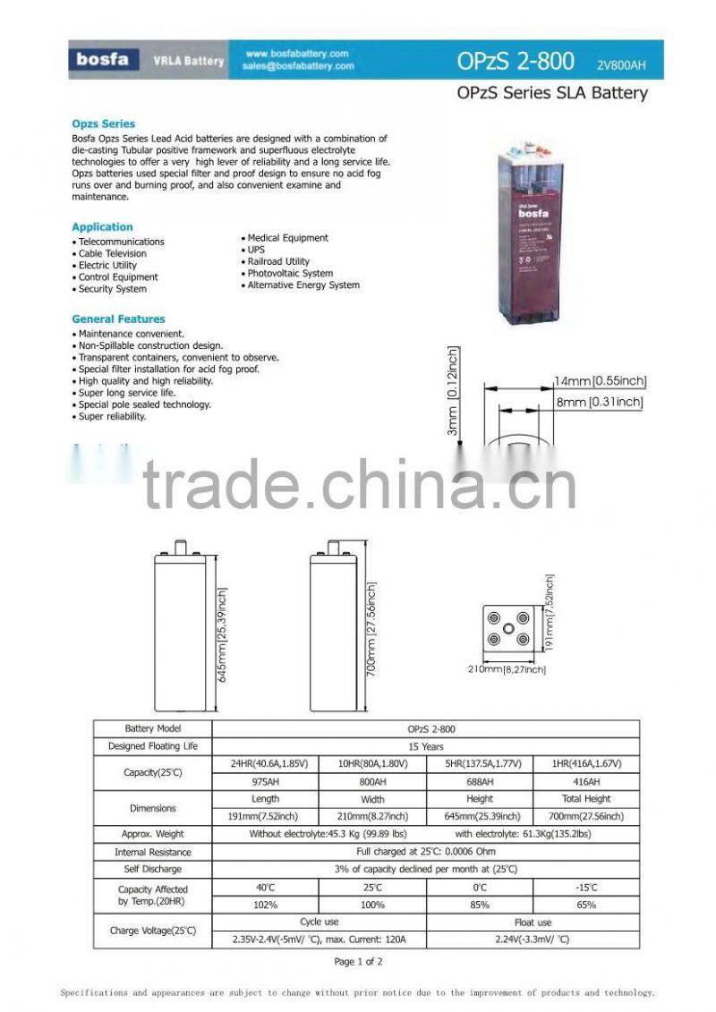 OPzS tubular plate 2v800ah storage battery battery for 20kw battery