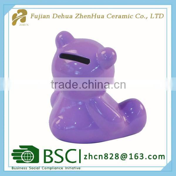 purple ceramic bear coin bank for gift decoration