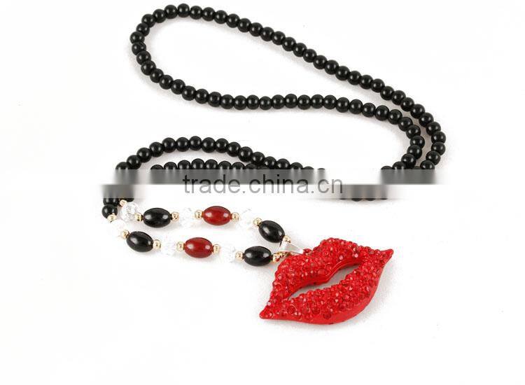 2015 Latest design black beaded necklace lip shape pendant can be changed female necklace in stock
