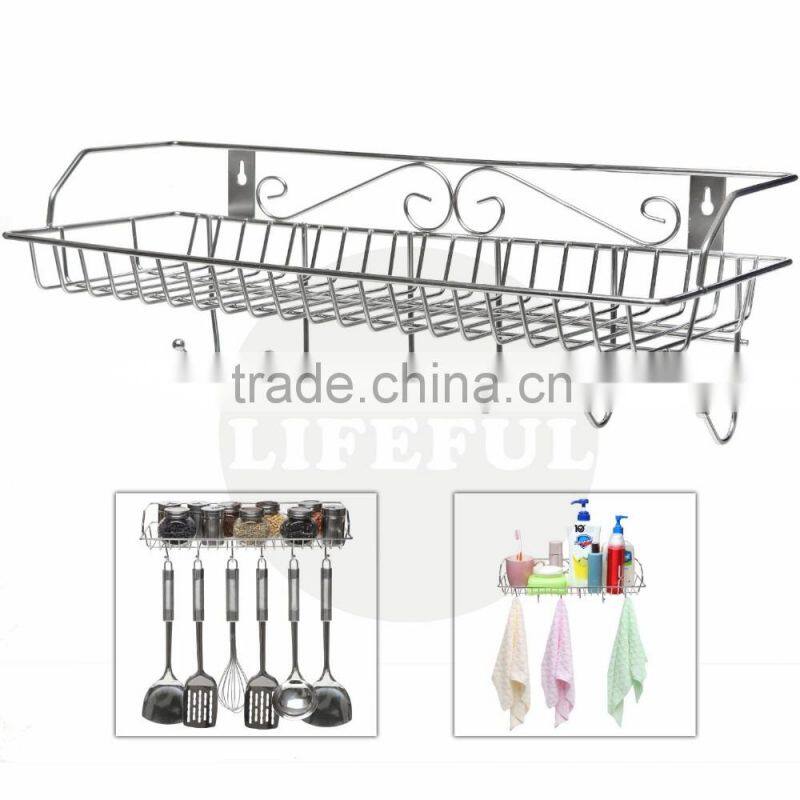 Metal Wall Mounted Organizer Hanger / Storage Rack w/ Top Basket Shelf, 6 Utility Hooks