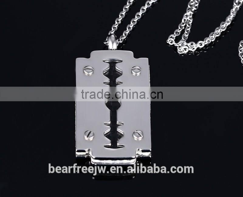 Mens Polished Stainless Steel Carbon Fiber Razor Blade Brushed Dog Tag Pendant Vintage Punk Necklace