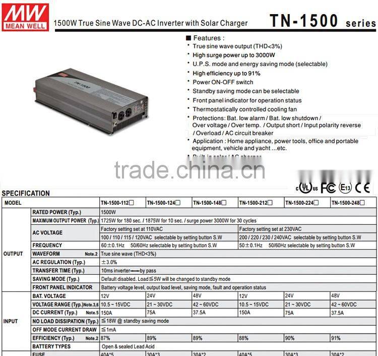 Mean well UL CE CB TUV 230vac 1500w pure sine wave inverter with Solar Charger 1500w inverter