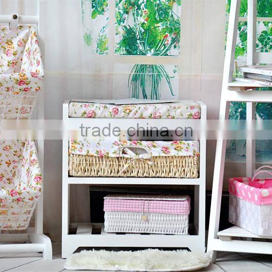 Modern rural style top grade wood footstool with weaving baskets
