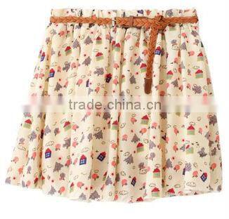 2015 cheap weave chiffon Girl leisure braid PU Belt floral Short dress