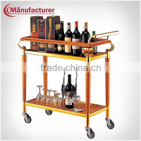 3 Layer Hotel Wood Food Service Handle Cart with Wheels/Coffee & Beverage Trolley