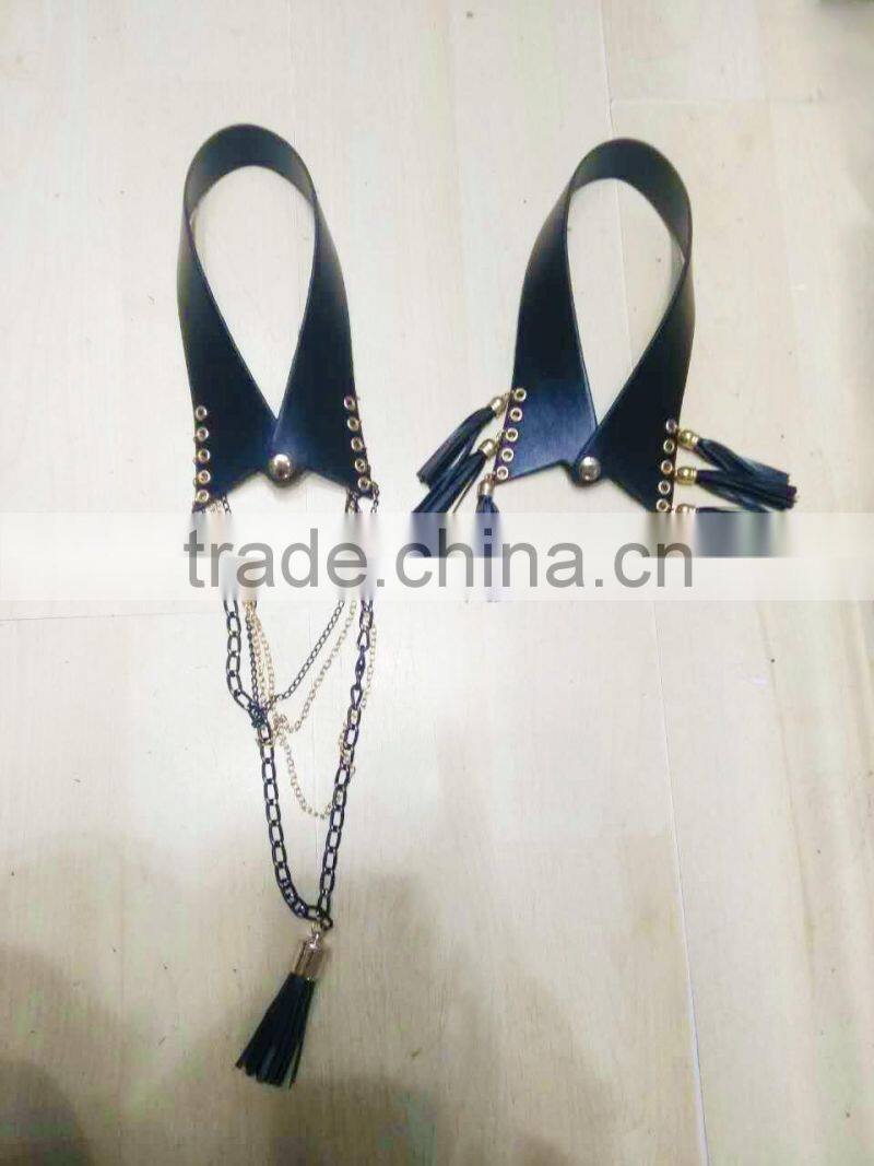 Popular Collar Necklace Black Leather Chokers w/ Long Chain & Leather Tassle 2016 Fashion Style Wholesale