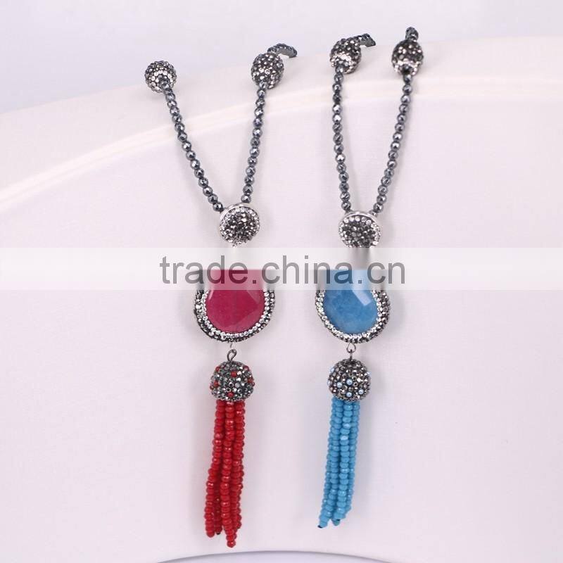 Strands Pave Crystal Beads Gem Stone Necklace, Crystal Glass Tassel Jewelry with Black Hematite Beaded Necklace