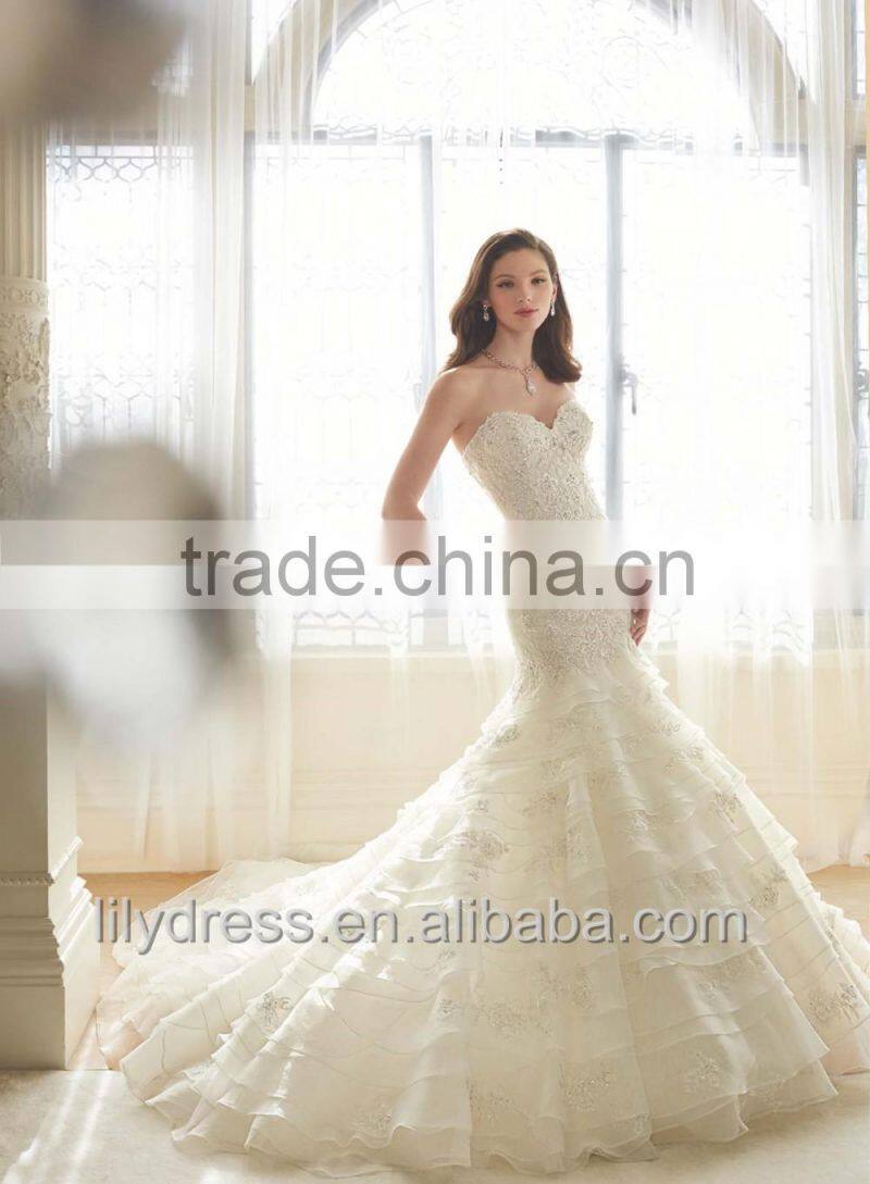 Romantic Sexy Mermaid Wedding Dresses 2016 Graceful Lace Tiered Ruffles Beaded Sweetheart Court Train Bridal Gowns ML021