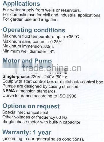 CE certified electric deep well submersible water pumps 4SD 3