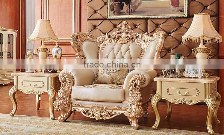 New design luxury solid wood gold painting genuine leather living room sofa set