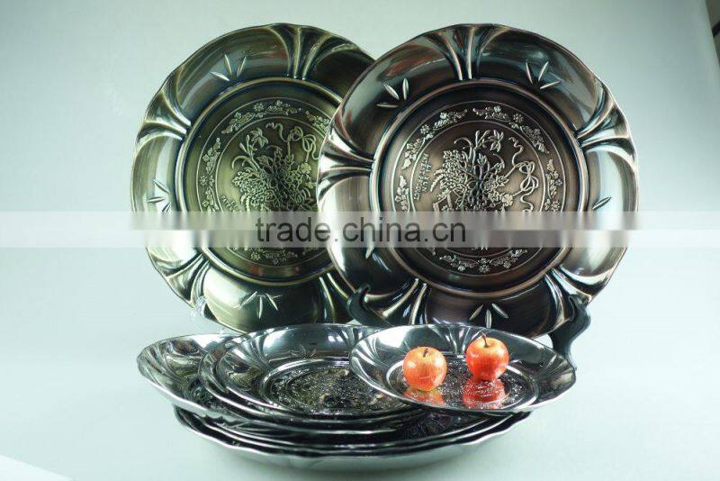 2015 hot selling multi size stainless steel decorative flower plate, dinner round plate with3 clour
