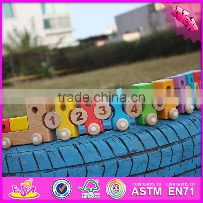 2016 new design educational number and blocks wooden pull toy car W05C079