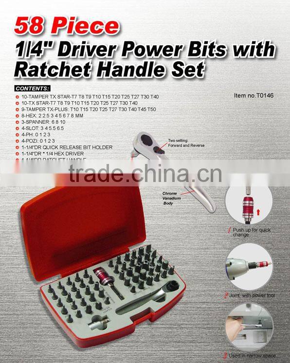 58 Piece 1/4" Driver Power Bits with Ratchet Handle Set